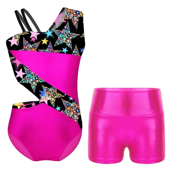 Alvivi Girls Leotard 2 Piece Asymmetrical Shoulder Straps Sports Dance Gymnastic Leotards Jumpsuit Starry Black 4