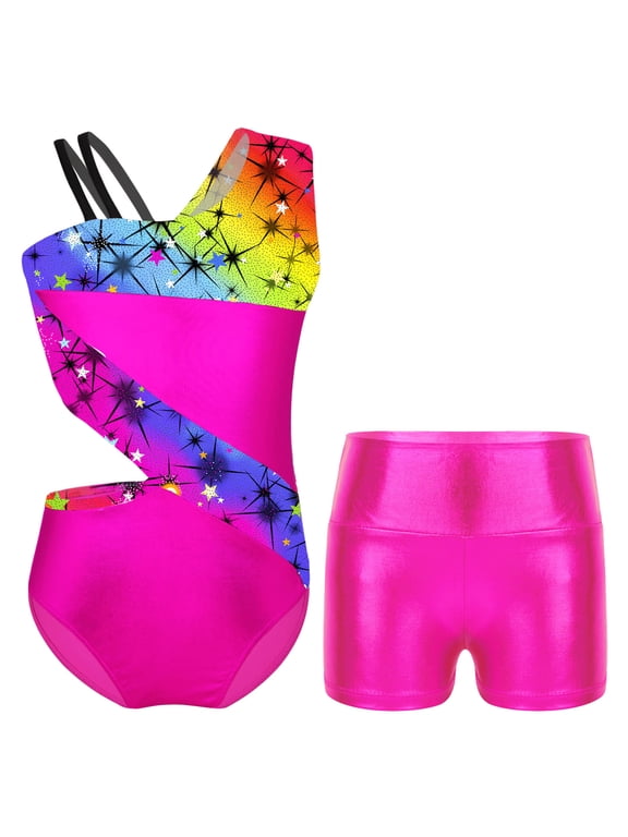 Girls Leotard 2 Piece Asymmetrical Shoulder Straps Sports Dance Gymnastic Leotards Jumpsuit Starry Rainbow 12