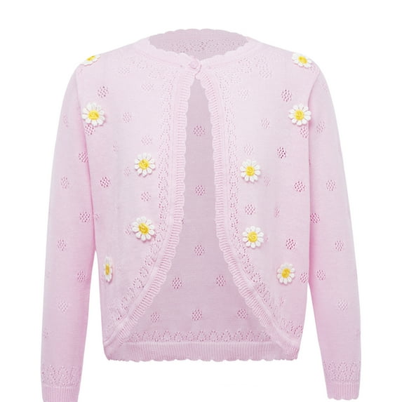 Alvivi Girls Long Sleeve Flower Ruffle One Button Knit Sweater Bolero Cardigan Shrug Dress Cover Up Flower Pink 7-8