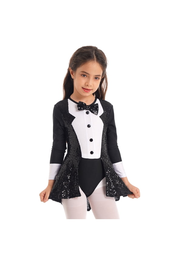 Girls Long Sleeve Shiny Sequins Modern Jazz Dance Costume Gymnastics Leotard Black 14