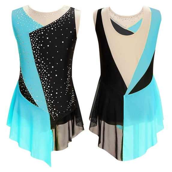 Alvivi Girls Mesh Splice Figure Skating Dress Sleeveless Ballet Dance Irregular Skirted Leotard Blue Green 12