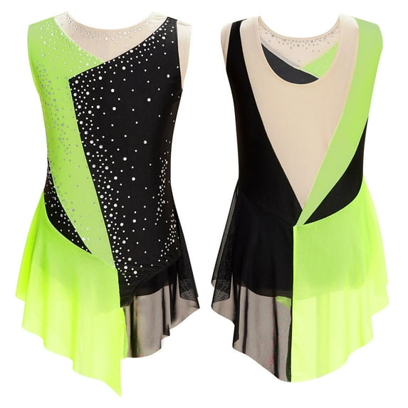 Alvivi Girls Mesh Splice Figure Skating Dress Sleeveless Ballet Dance Irregular Skirted Leotard Fluorescent Green 8