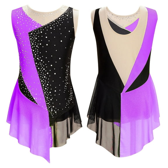 Alvivi Girls Mesh Splice Figure Skating Dress Sleeveless Ballet Dance Irregular Skirted Leotard Purple 16