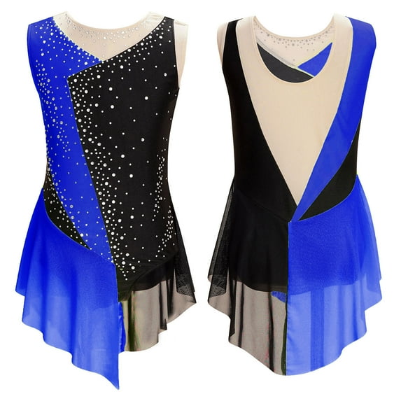 Alvivi Girls Mesh Splice Figure Skating Dress Sleeveless Ballet Dance Irregular Skirted Leotard Royal Blue 12