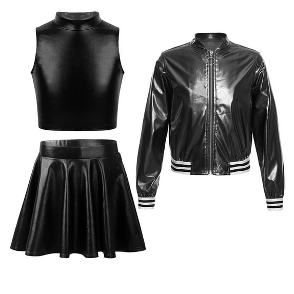 Alvivi Girls Metallic Jazz Hip Hop Dance Outfits Sleeveless Crop Top Bomber Jacket with Skirt Set Black 16