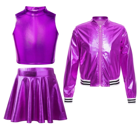 Alvivi Girls Metallic Jazz Hip Hop Dance Outfits Sleeveless Crop Top Bomber Jacket with Skirt Set Purple 6