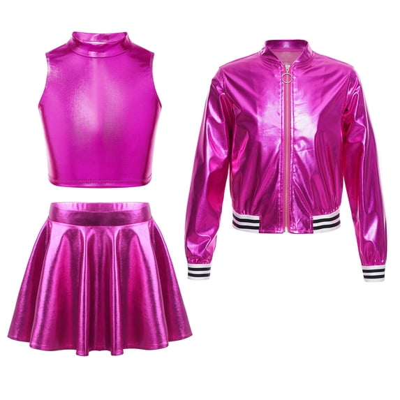 Alvivi Girls Metallic Jazz Hip Hop Dance Outfits Sleeveless Crop Top Bomber Jacket with Skirt Set Rose Red 12