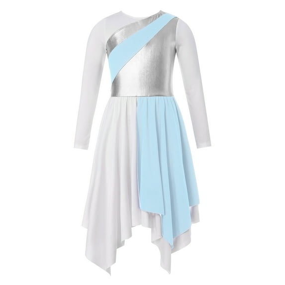 Alvivi Girls Metallic Liturgical Worship Praise Dance Dress Long Sleeve Asymmetrical Dance Costume Light Blue 16