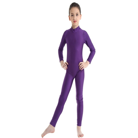 Alvivi Girls One Piece Ballet Dance Leotard Long Sleeves Zippered Gymnastics Jumpsuit Purple 13-14