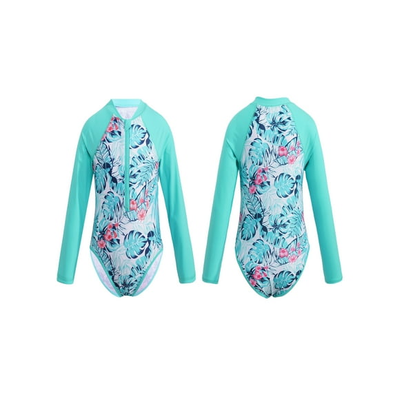 Alvivi Girls One-piece Long Sleeves Swimsuit Palm Printed Zippered Swimwear Rash Guard 4-16