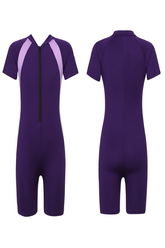 Girls One-piece Rash Guard Zippered Shorty Wetsuit Swimsuit Short Sleeves Swimwear 8-16