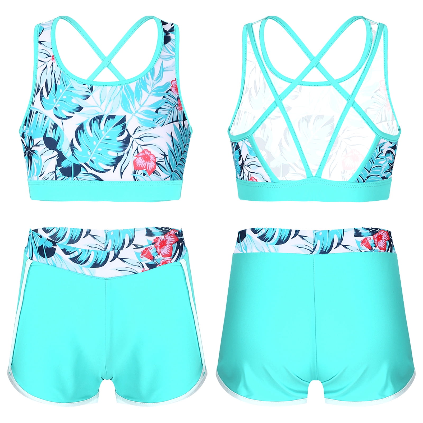 Renvena Girls Activewear Set Crop Top With Booty Short Set Yoga Gymnastics Dance Outfits Swimsuit