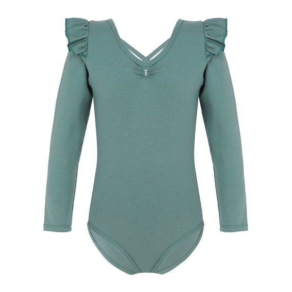 Alvivi Girls Ruffle Shoulder Ballet Dance Gym Leotard One Piece Long Sleeve Crisscross Bodysuit Green 5-6