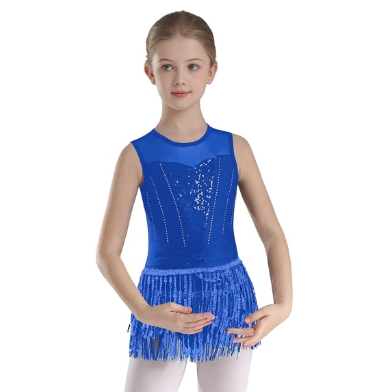 Alvivi Girls Sequin Tassel Dance Dress Latin Ballet Tango Rumba Dancewear Skirted Leotard Blue 14
