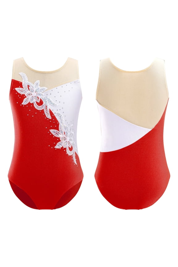 Girls Sequins Ballet Dance Leotard Gymnastics Bodysuit Figure Ice Skating Unitard Red 4