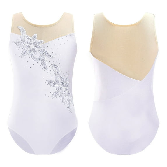 Alvivi Girls Sequins Ballet Dance Leotard Gymnastics Bodysuit Figure Ice Skating Unitard White 16