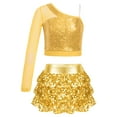thumbnail image 1 of Alvivi Girls Sequins Long Sleeve One Shoulder Latin Jazz Dance Crop Top with Ruffle Skirted Shorts Gold 10, 1 of 7