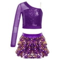thumbnail image 1 of Alvivi Girls Sequins Long Sleeve One Shoulder Latin Jazz Dance Crop Top with Ruffle Skirted Shorts Purple 8, 1 of 7