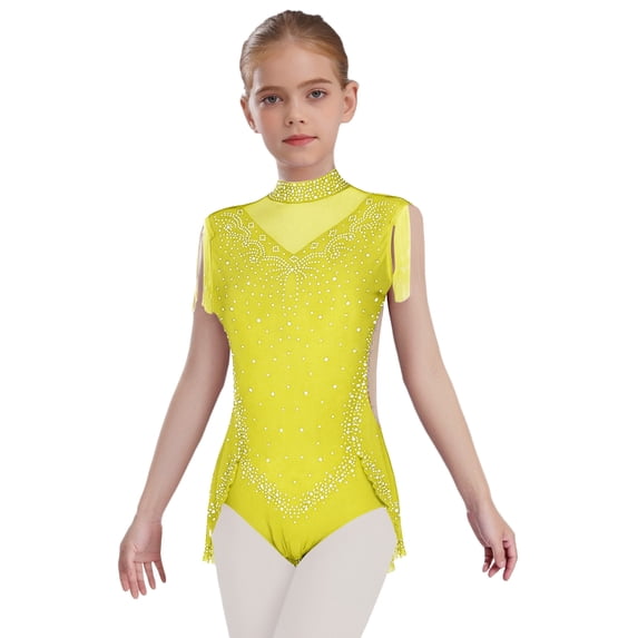 Alvivi Girls Sequins Rhinestone Dance Leotard Tutu Dress Gymnastics Bodysuit Ice Figure Skating Ballet Unitard Fluorescent Yellow 16