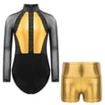 thumbnail image 1 of Alvivi Girls Sheer Mesh Long Sleeve Bodysuit Ballet Gymnastics Leotards with Shorts Set Dancewear Gold 12, 1 of 7