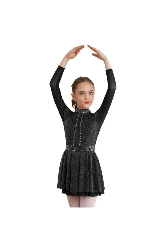 Girls Shiny Diamond Hollow Back Figure Ice Skating Dress Long Sleeve Mesh Splice Ballet Dresses Black 14