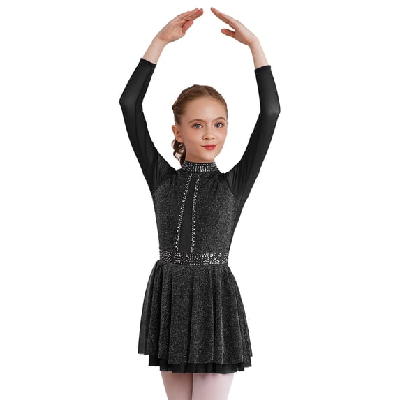 Alvivi Girls Shiny Diamond Hollow Back Figure Ice Skating Dress Long Sleeve Mesh Splice Ballet Dresses Black 14