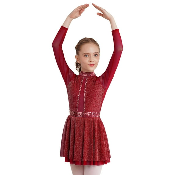 Alvivi Girls Shiny Diamond Hollow Back Figure Ice Skating Dress Long Sleeve Mesh Splice Ballet Dresses Burgundy 14