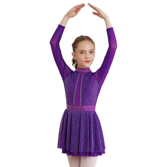 Alvivi Girls Shiny Diamond Hollow Back Figure Ice Skating Dress Long Sleeve Mesh Splice Ballet Dresses Purple 12