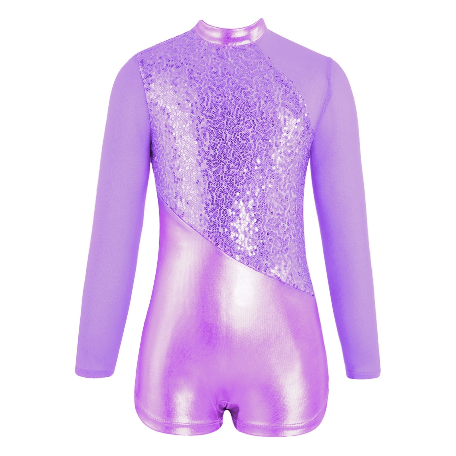 Alvivi Girls Shiny Metallic Gymnastic Ballet Leotard Long Sleeve Mesh ...