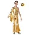 thumbnail image 1 of Alvivi Girls Shiny Sequin Dance Romper Leotard Flare Bell Bottom One Shoulder Skating Jumpsuit Gold-A 12, 1 of 7