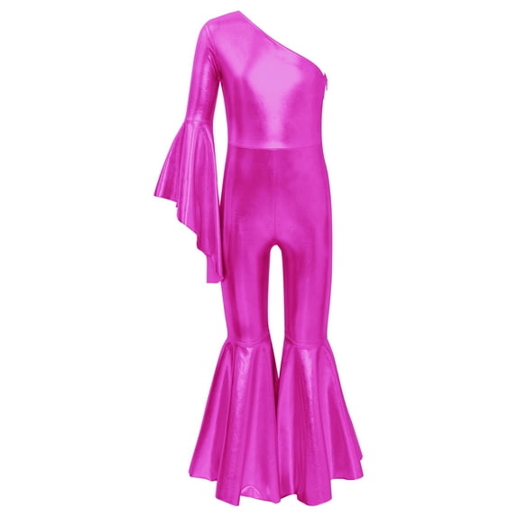 Alvivi Girls Shiny Sequin Dance Romper Leotard Flare Bell Bottom One Shoulder Skating Jumpsuit Hot Pink 14