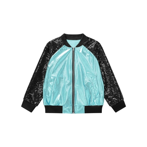 Alvivi Girls Shiny Sequins Jacket Kids Stylish Lightweight Flight Jacket Zip Up Bomber Jacket Coat Outwear Fashion Streetwear Lake Blue 14