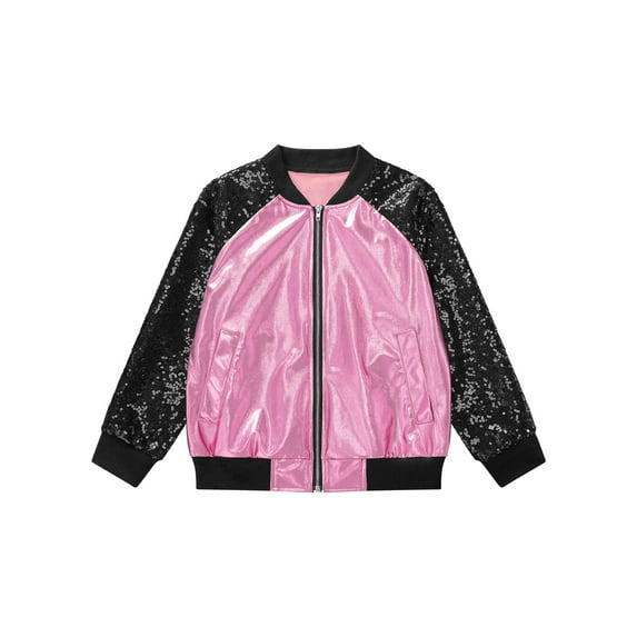Alvivi Girls Shiny Sequins Jacket Kids Stylish Lightweight Flight Jacket Zip Up Bomber Jacket Coat Outwear Fashion Streetwear Pink 12
