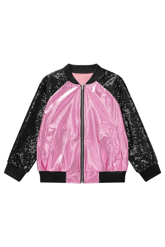 Girls Shiny Sequins Jacket Kids Stylish Lightweight Flight Jacket Zip Up Bomber Jacket Coat Outwear Fashion Streetwear Pink 8