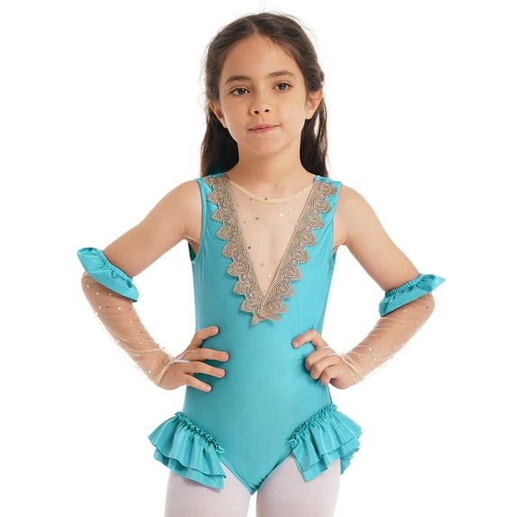 Alvivi Girls Showman Costume Halloween V-Shape Leotard with Arm Sleeves Outfits 3-14