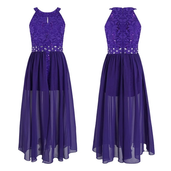 Alvivi Girls Sleeveless Floral Lace Maxi Romper Dress Pageant Birthday Party Gown 4-16