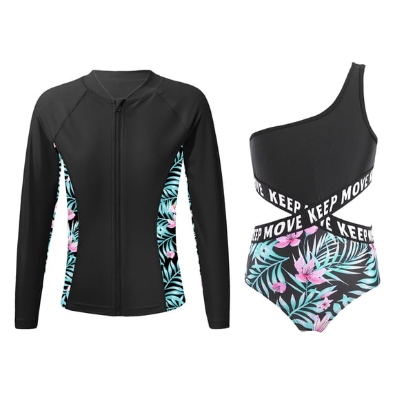 Alvivi Girls Sleeveless Floral Printed Swimming Jumpsuit with Shirts 2 Pcs Rash Guard Swimwear Set Zipper Lily 8