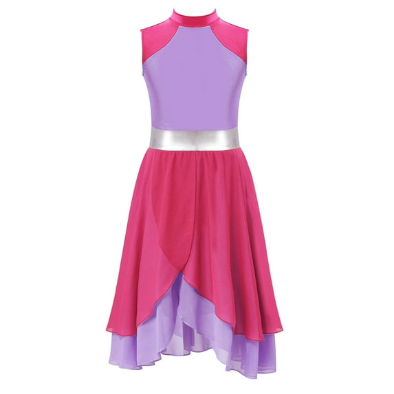 Alvivi Girls Sleeveless Lyrical Praise Dance Dress Chiffon Dancing Skirt Liturgical Worship Hot Pink&Lavender 10