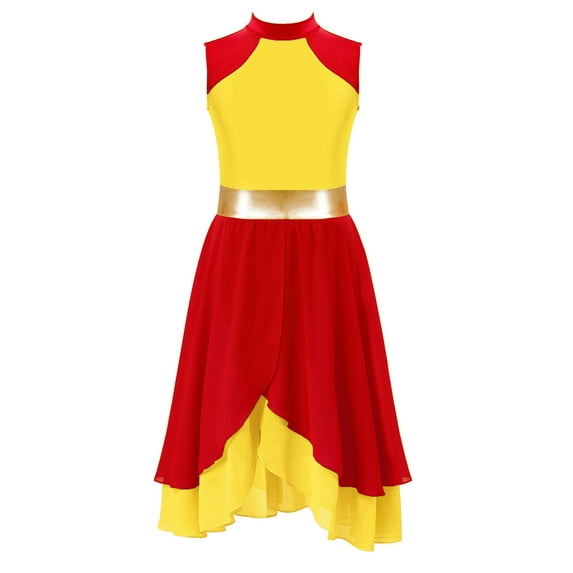 Alvivi Girls Sleeveless Lyrical Praise Dance Dress Chiffon Dancing Skirt Liturgical Worship Red&Yellow 12