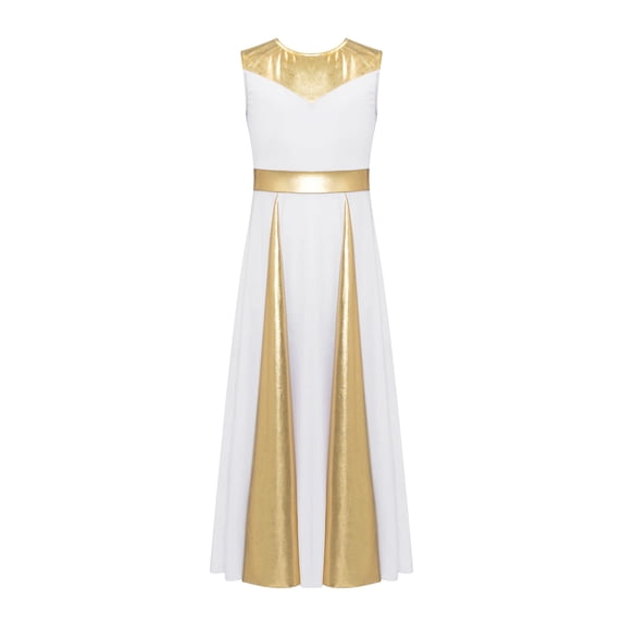 Alvivi Girls Sleeveless Worship Praise Dance Dress Metallic Bicolor Full Length Church Robe Gown White 8