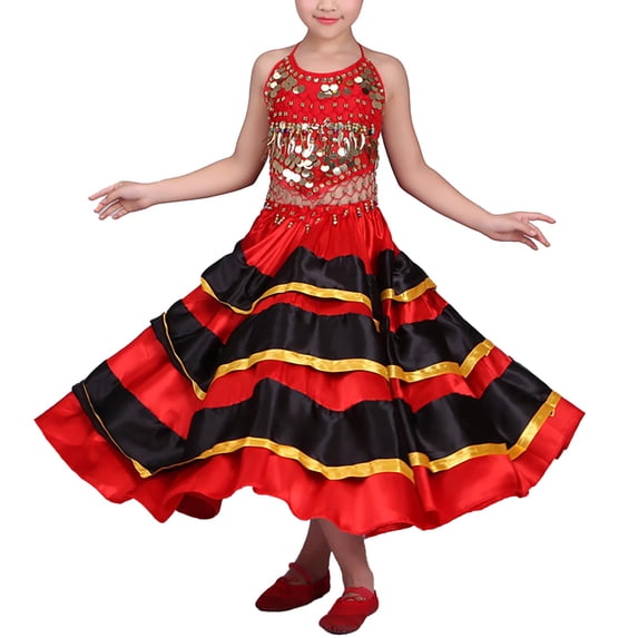 Alvivi Girls Spanish Bull Belly Dance Outfits Sparkle Metallic Crop Top with Long Swing Skirts Red&Black 10-12