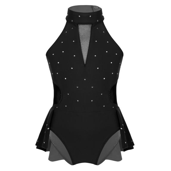 Alvivi Girls Sparkle Rhinestone Ballet Dance Leotard Tutu Dress Cutout Back Ice Figure Skating Costume Black 8