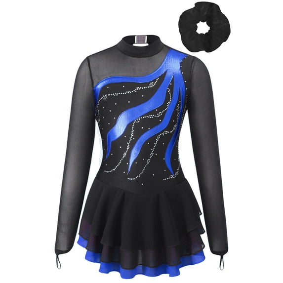 Alvivi Girls Sparkly Figure Skating Dance Dress Long Sleeve Tutu Skirted Leotard with Hair Band Royal Blue 6