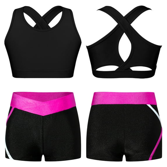 Alvivi Girls Sport 2 Piece Outfits Sleeveless Crop Tops Shorts Running Training Athletic Tracksuit Black&Rose 10