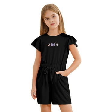 Alvivi Girls Summer Romper Ruffle Sleeve Short Jumpsuit Children Casual Overalls Clothes Black 6