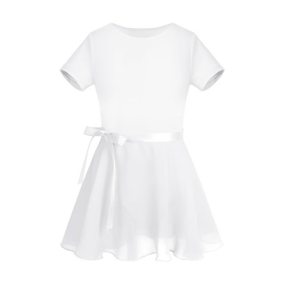 Alvivi Girls Team Basic Short Sleeve Gymnastic Leotard with Chiffon Wrap Skirt Ballet Dance Dress Ballroom Dancing Outfit White 3-4