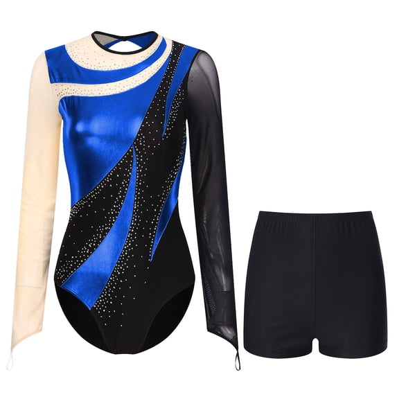 Alvivi Gymnastic Dance Outfit Sets for Women Mesh Metallic Long Sleeve Leotard Bodysuit with Shorts Blue L