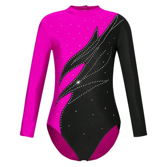 Alvivi Gymnastics Leotard for Girls Sequined Diamond Long Sleeve Unitards Ballet Dancewear Bodysuit Hot Pink 12