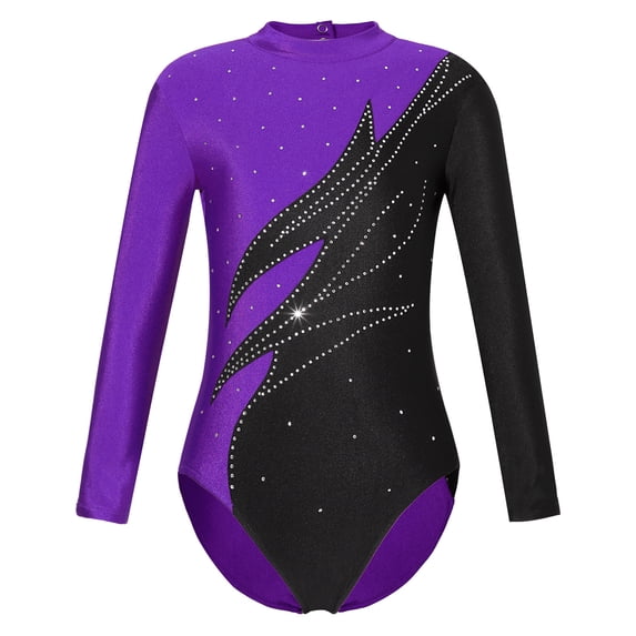 Alvivi Gymnastics Leotard for Girls Sequined Diamond Long Sleeve Unitards Ballet Dancewear Bodysuit Purple 12