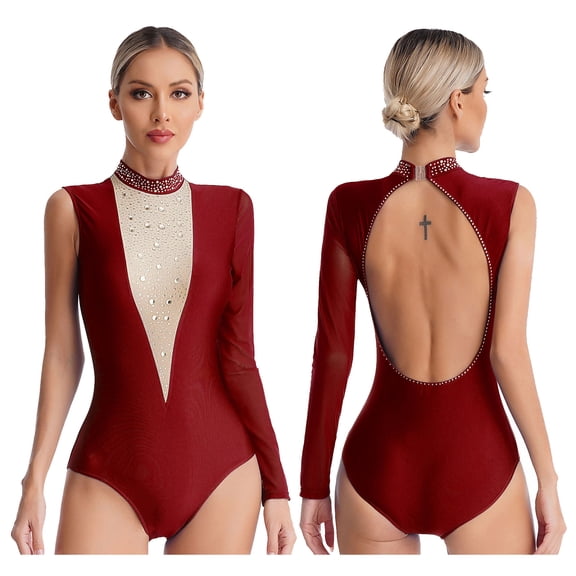 Alvivi Gymnastics Leotards For Women Rhinestone One Shoulder Long Sleeve Figure Skating Bodysuit Burgundy M